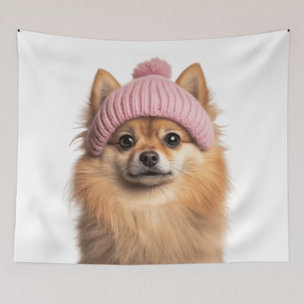Item preview, Cozy Pomeranian dog Wearing Pink Winter Hat Trendy Animal Fashion Artwork designed and sold by LazyOwlStore.