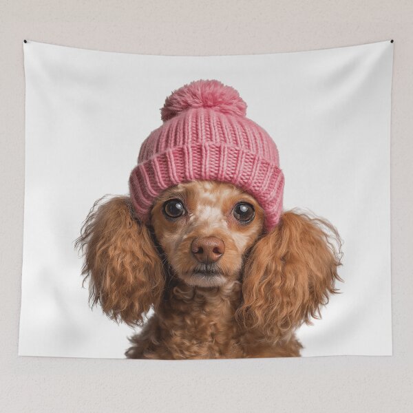 Artikelvorschau, Gemütlicher Pudelhund mit rosa Wintermütze, trendiges Tiermode-Kunstwerk entworfen und verkauft von LazyOwlStore.