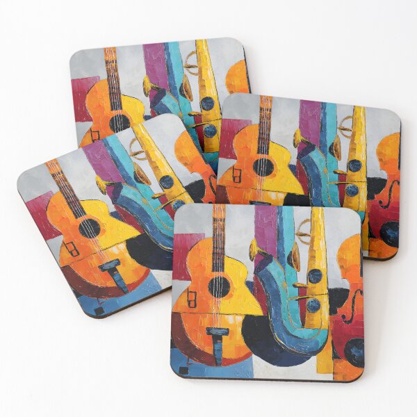 Item preview, Vibrant Musical Ensemble: Guitar Violin Saxophone Bass and Arabic Oud- Bold Geometric Abstract Digital AI Art designed and sold by OlfactoART Studio.