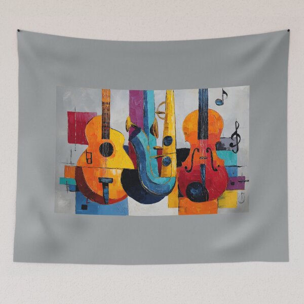Item preview, Vibrant Musical Ensemble: Guitar Violin Saxophone Bass and Arabic Oud- Bold Geometric Abstract Digital AI Art designed and sold by OlfactoART Studio.