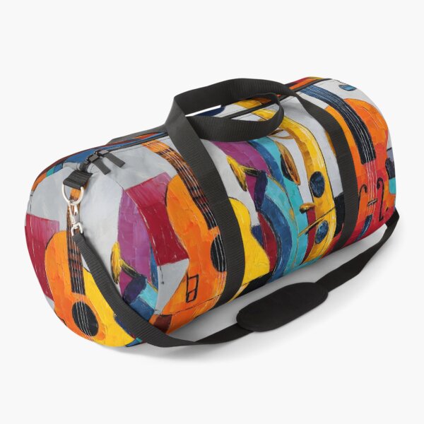 Item preview, Vibrant Musical Ensemble: Guitar Violin Saxophone Bass and Arabic Oud- Bold Geometric Abstract Digital AI Art designed and sold by OlfactoART Studio.