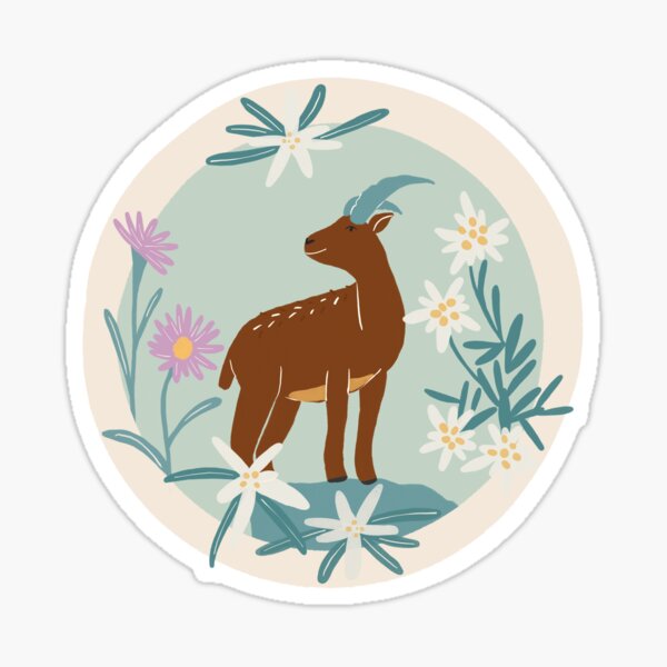 Climb High – Alpine Ibex Inspirational Wildlife Art with Mountain Flowers Sticker