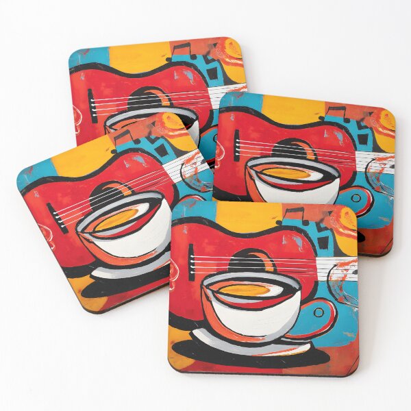 Item preview, Coffee and Guitar Symphony- Vibrant Abstract Art with Bold Red Blue Yellow and Flowing Musical Notes designed and sold by OlfactoART Studio.