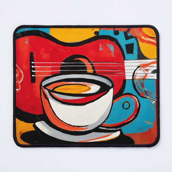 Item preview, Coffee and Guitar Symphony- Vibrant Abstract Art with Bold Red Blue Yellow and Flowing Musical Notes designed and sold by OlfactoART Studio.