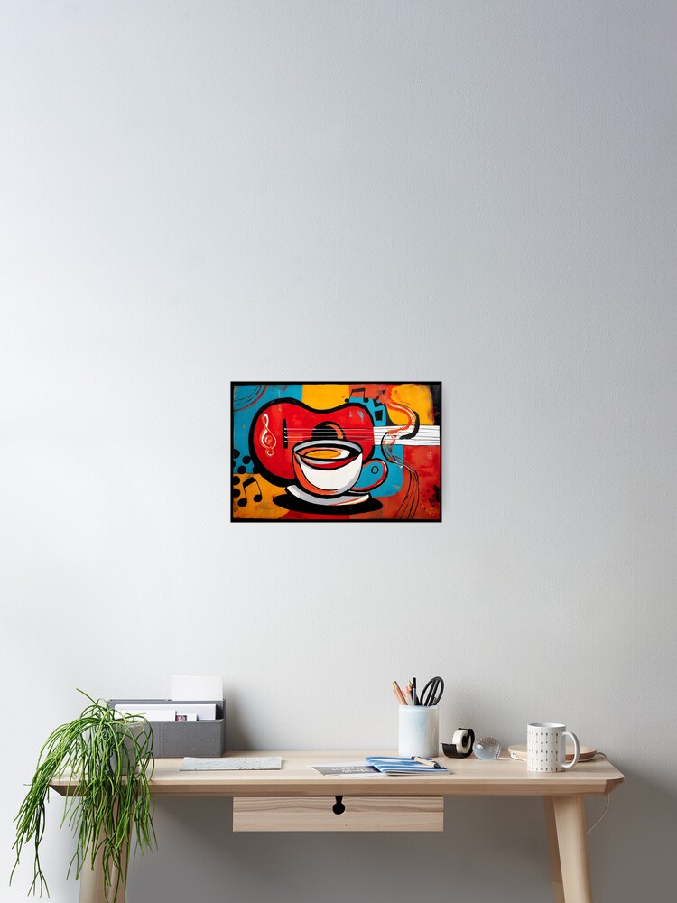 Coffee and Guitar Symphony- Vibrant Abstract Art with Bold Red