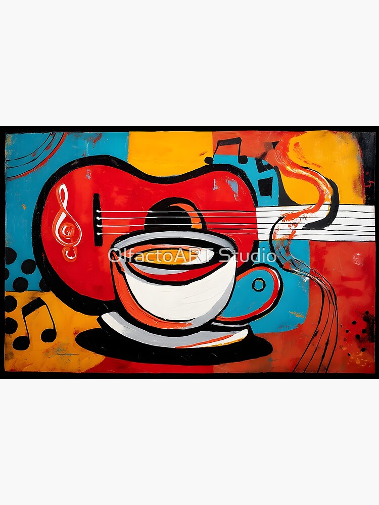 Coffee and Guitar Symphony- Vibrant Abstract Art with Bold Red Coffee and Guitar Symphony- Vibrant Abstract Art with Bold Red