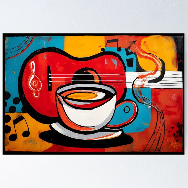 Coffee and Guitar Symphony- Vibrant Abstract Art with Bold Red Coffee and Guitar Symphony- Vibrant Abstract Art with Bold Red