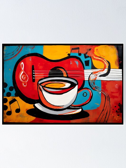 Coffee and Guitar Symphony- Vibrant Abstract Art with Bold Red