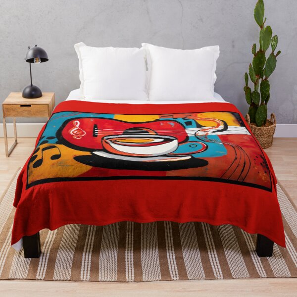 Item preview, Coffee and Guitar Symphony- Vibrant Abstract Art with Bold Red Blue Yellow and Flowing Musical Notes designed and sold by OlfactoART Studio.