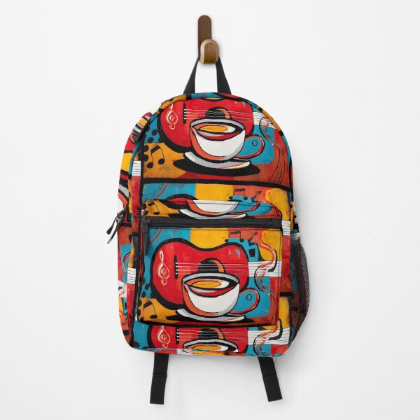 Item preview, Coffee and Guitar Symphony- Vibrant Abstract Art with Bold Red Blue Yellow and Flowing Musical Notes designed and sold by OlfactoART Studio.