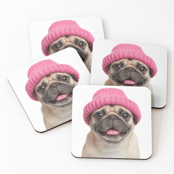 Item preview, Cozy Pug dog Wearing Pink Winter Hat Trendy Animal Fashion Artwork designed and sold by LazyOwlStore.