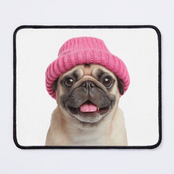 Item preview, Cozy Pug dog Wearing Pink Winter Hat Trendy Animal Fashion Artwork designed and sold by LazyOwlStore.