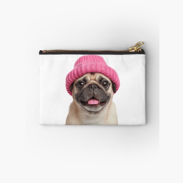 Item preview, Cozy Pug dog Wearing Pink Winter Hat Trendy Animal Fashion Artwork designed and sold by LazyOwlStore.