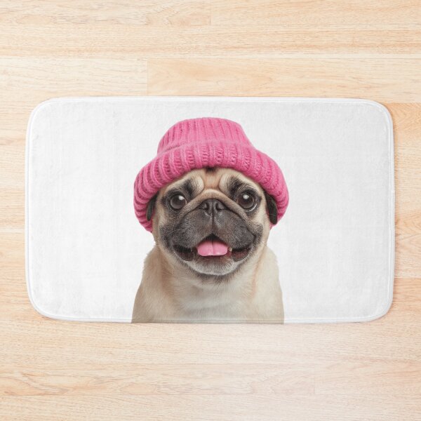 Item preview, Cozy Pug dog Wearing Pink Winter Hat Trendy Animal Fashion Artwork designed and sold by LazyOwlStore.