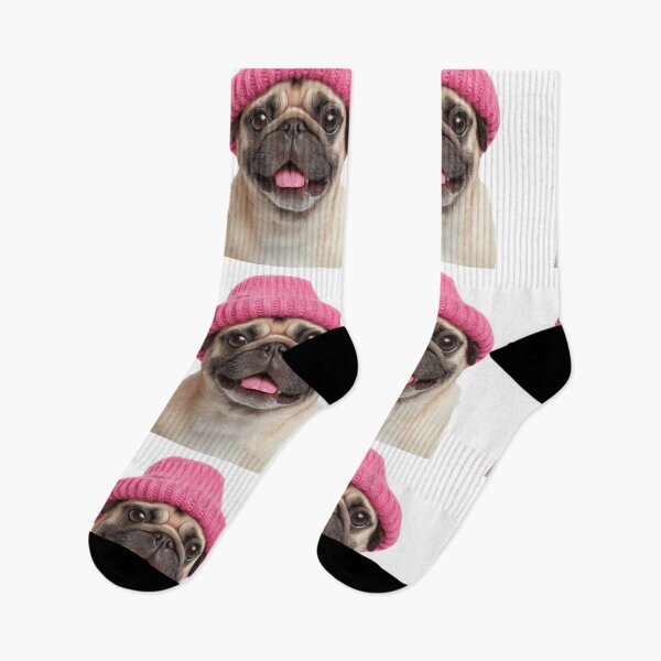 Item preview, Cozy Pug dog Wearing Pink Winter Hat Trendy Animal Fashion Artwork designed and sold by LazyOwlStore.