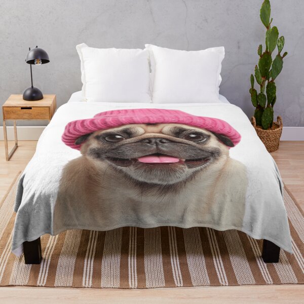 Item preview, Cozy Pug dog Wearing Pink Winter Hat Trendy Animal Fashion Artwork designed and sold by LazyOwlStore.