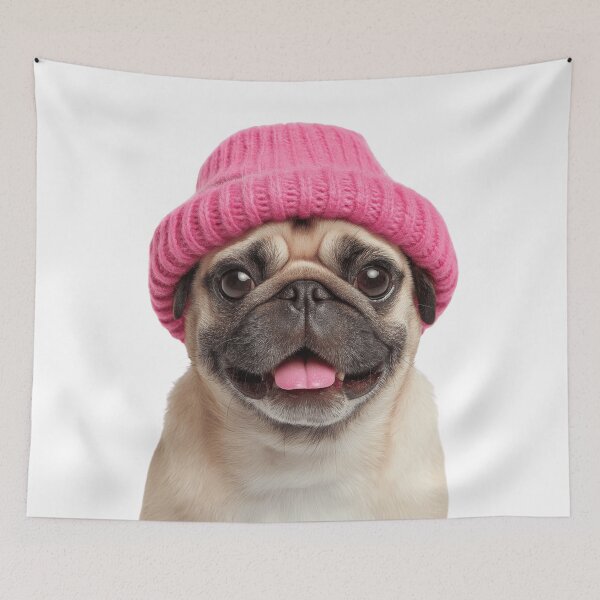 Item preview, Cozy Pug dog Wearing Pink Winter Hat Trendy Animal Fashion Artwork designed and sold by LazyOwlStore.