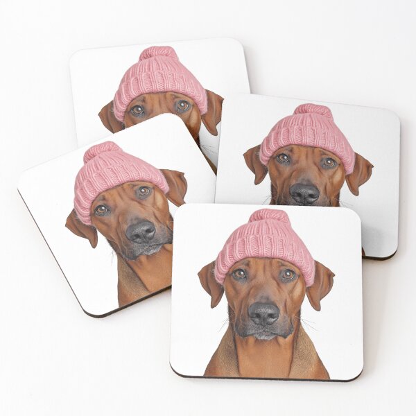 Item preview, Cozy Rhodesian Ridgeback dog Wearing Pink Winter Hat Trendy Animal Fashion Artwork designed and sold by LazyOwlStore.