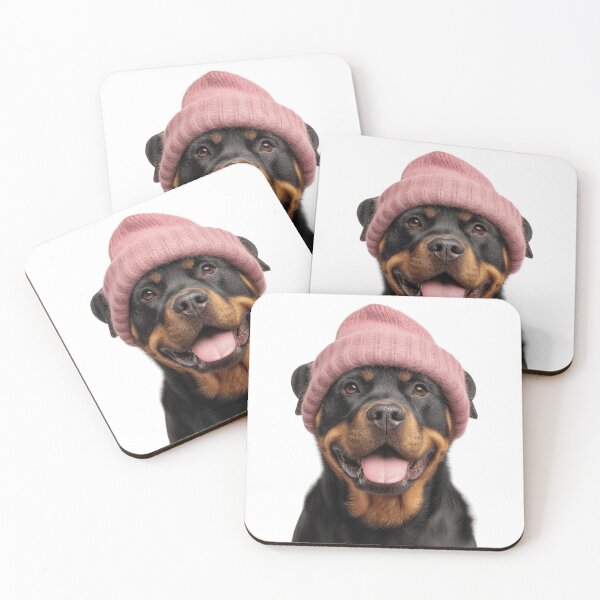 Item preview, Cozy Rottweiler dog Wearing Pink Winter Hat Trendy Animal Fashion Artwork designed and sold by LazyOwlStore.