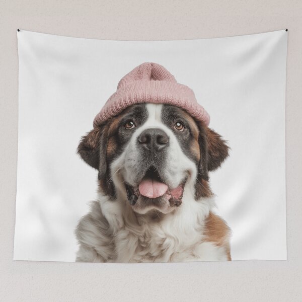 Item preview, Cozy Saint Bernard dog Wearing Pink Winter Hat Trendy Animal Fashion Artwork designed and sold by LazyOwlStore.