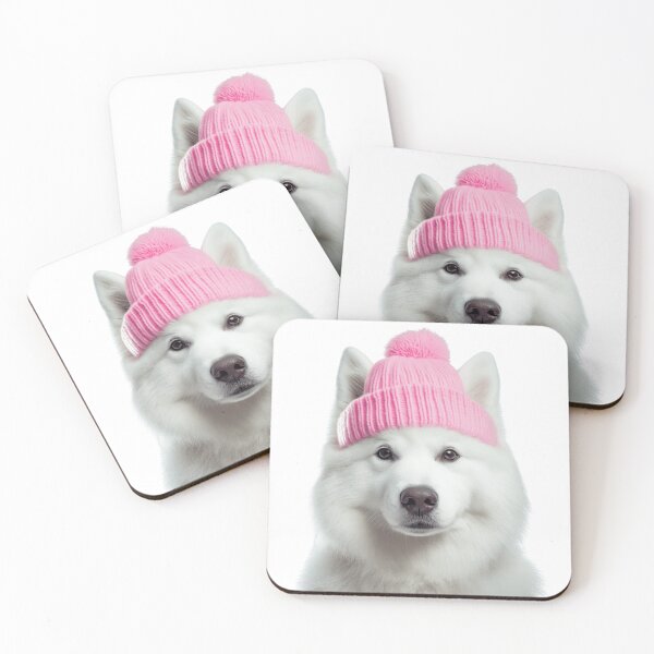 Item preview, Cozy Samoyed dog Wearing Pink Winter Hat Trendy Animal Fashion Artwork designed and sold by LazyOwlStore.