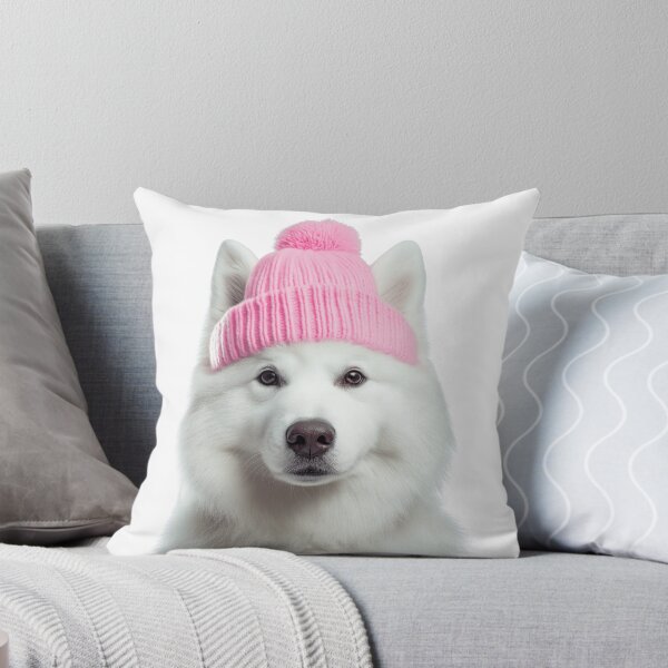 Item preview, Cozy Samoyed dog Wearing Pink Winter Hat Trendy Animal Fashion Artwork designed and sold by LazyOwlStore.