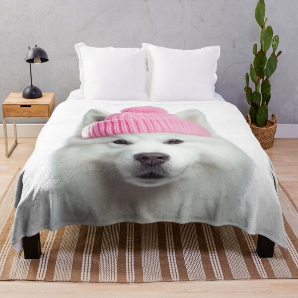 Item preview, Cozy Samoyed dog Wearing Pink Winter Hat Trendy Animal Fashion Artwork designed and sold by LazyOwlStore.