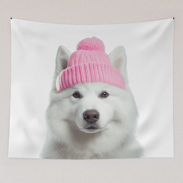 Item preview, Cozy Samoyed dog Wearing Pink Winter Hat Trendy Animal Fashion Artwork designed and sold by LazyOwlStore.