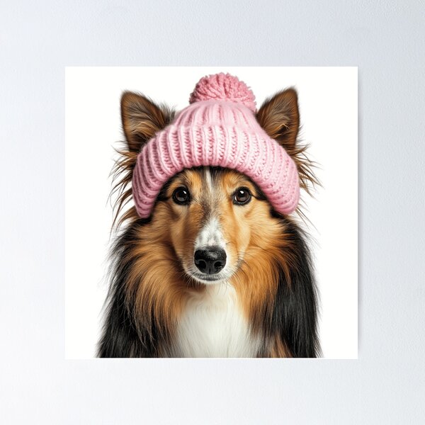 Item preview, Cozy Shetland Sheepdog Wearing Pink Winter Hat Trendy Animal Fashion Artwork designed and sold by LazyOwlStore.