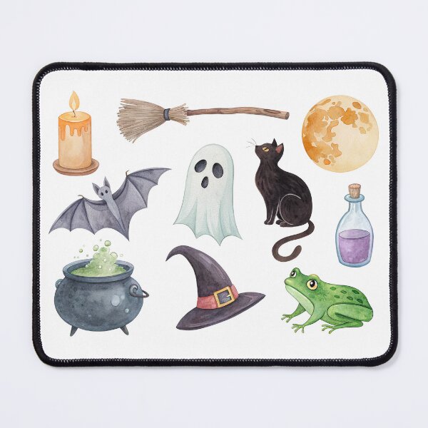 Item preview, Watercolor clipart set with 15 spooky and cozy Halloween elements: carved pumpkin, black cat, witch hat, cauldron, ghost, moon, candle, candy, and more. Hand-painted, isolated on white background. designed and sold by MarissollArt.