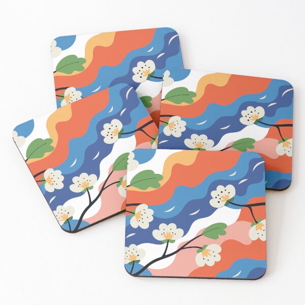 Item preview, White blossoms and flowing waves in red, blue, and peach tones designed and sold by Drawings Project.