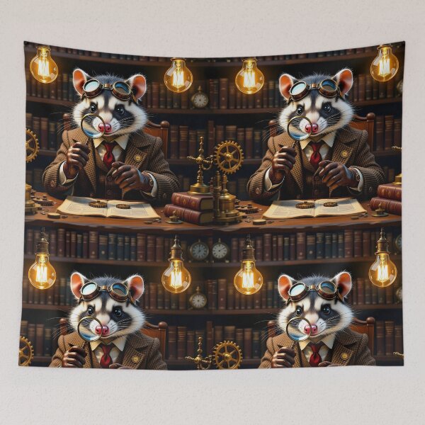 Item preview, Steampunk Opossum Professor – Vintage Invention Scene designed and sold by EmeraldeaArt.