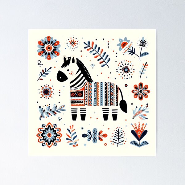 Item preview, Cute Zebra Surrounded by Folk Art Blooms - Scandinavian Folk Art by heidiannemorris © designed and sold by FOLK ART FUSION by heidiannemorris.