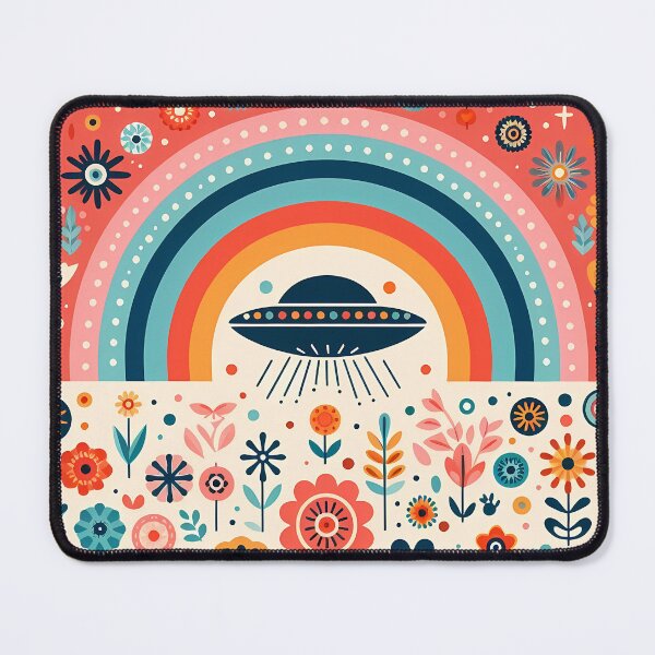 Item preview, Whimsical UFO Flying Over a Folk Art Rainbow Garden - Scandinavian Folk Art by heidiannemorris © designed and sold by FOLK ART FUSION by heidiannemorris.