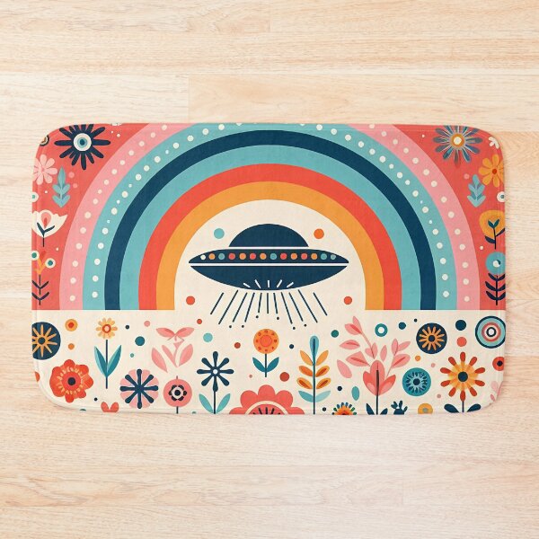 Item preview, Whimsical UFO Flying Over a Folk Art Rainbow Garden - Scandinavian Folk Art by heidiannemorris © designed and sold by FOLK ART FUSION by heidiannemorris.