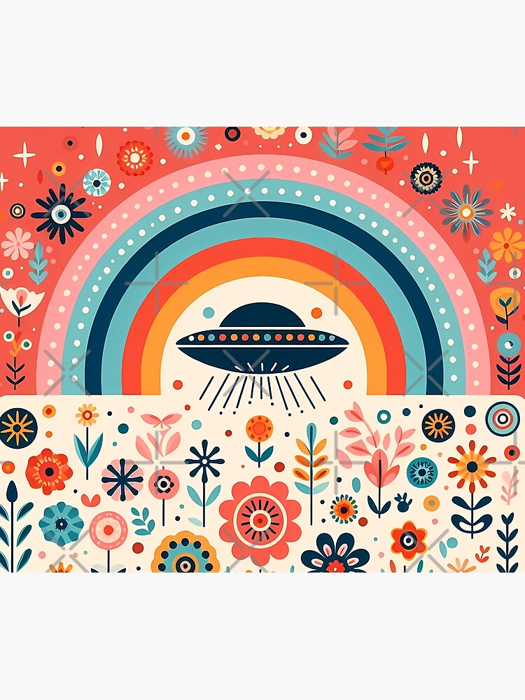 Thumbnail 6 of 6, Throw Blanket, Whimsical UFO Flying Over a Folk Art Rainbow Garden - Scandinavian Folk Art by heidiannemorris © designed and sold by heidiannemorris.