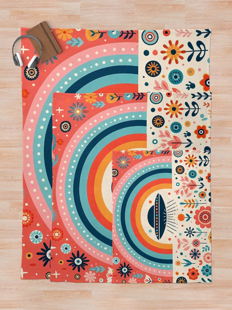 Thumbnail 5 of 6, Throw Blanket, Whimsical UFO Flying Over a Folk Art Rainbow Garden - Scandinavian Folk Art by heidiannemorris © designed and sold by heidiannemorris.