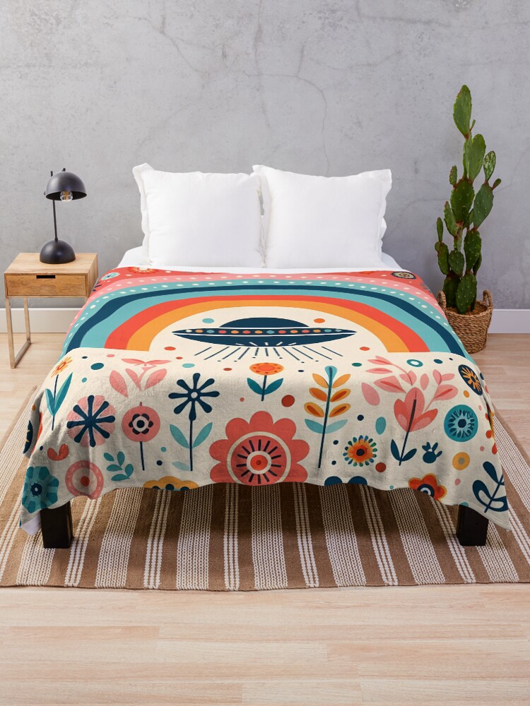Thumbnail 1 of 6, Throw Blanket, Whimsical UFO Flying Over a Folk Art Rainbow Garden - Scandinavian Folk Art by heidiannemorris © designed and sold by heidiannemorris.
