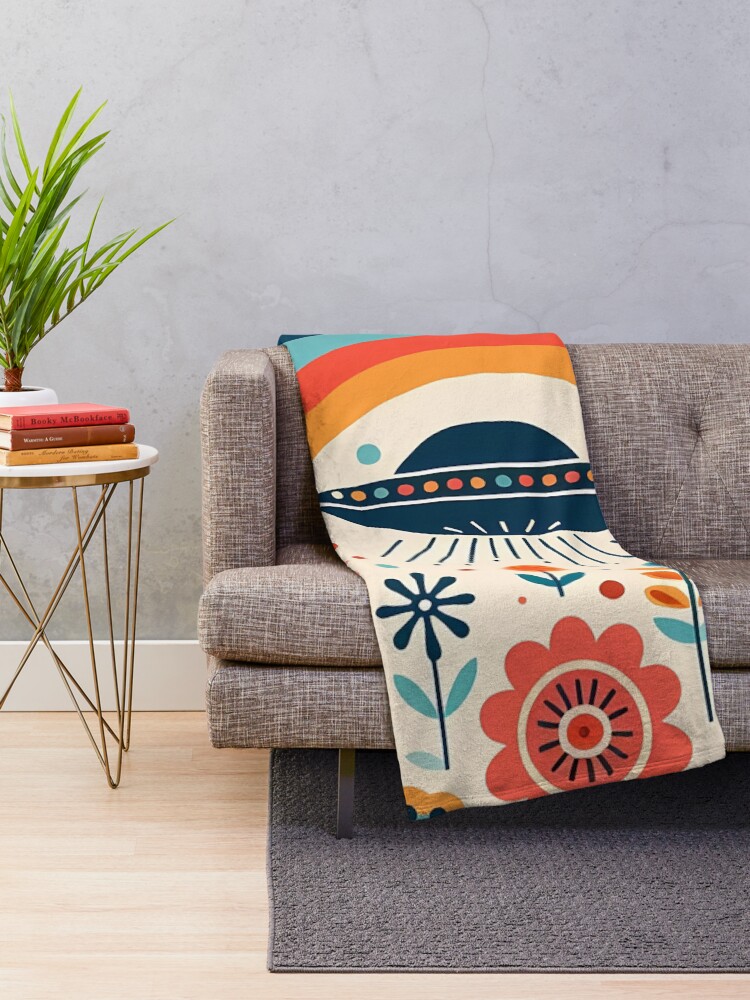 Thumbnail 2 of 6, Throw Blanket, Whimsical UFO Flying Over a Folk Art Rainbow Garden - Scandinavian Folk Art by heidiannemorris © designed and sold by heidiannemorris.