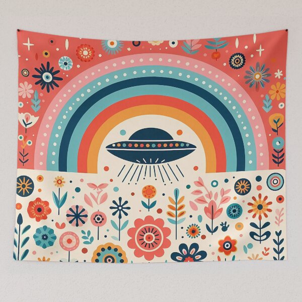 Item preview, Whimsical UFO Flying Over a Folk Art Rainbow Garden - Scandinavian Folk Art by heidiannemorris © designed and sold by FOLK ART FUSION by heidiannemorris.