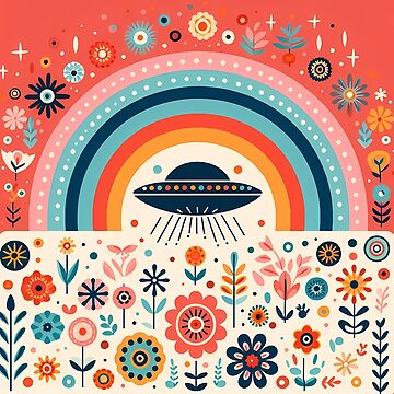 Artwork thumbnail, Whimsical UFO Flying Over a Folk Art Rainbow Garden - Scandinavian Folk Art by heidiannemorris © by FOLK ART FUSION by heidiannemorris