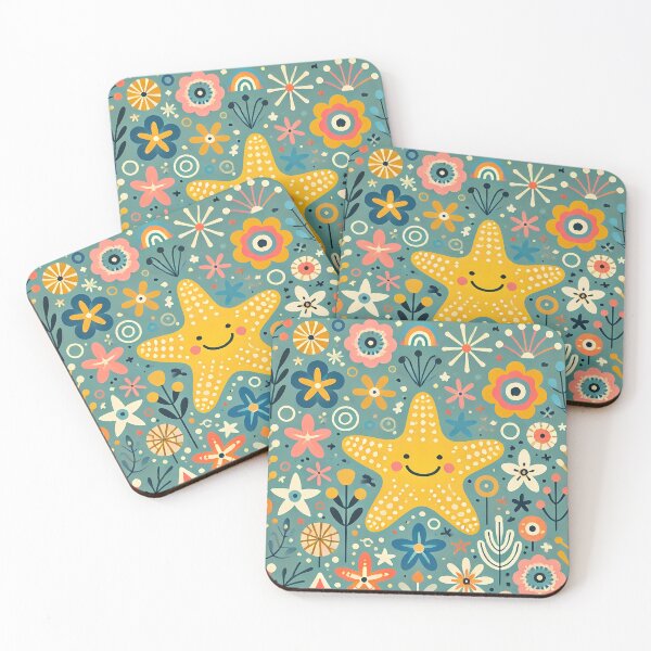 Item preview, Smiling Yellow Starfish Among Colourful Folk Art Sea Flowers - Scandinavian Folk Art by heidiannemorris © designed and sold by FOLK ART FUSION by heidiannemorris.