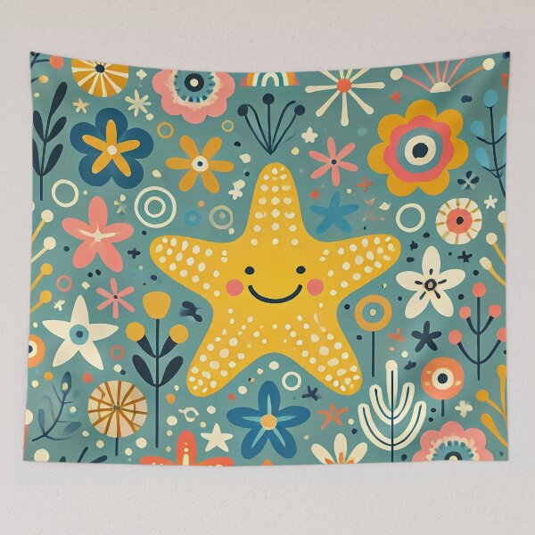 Item preview, Smiling Yellow Starfish Among Colourful Folk Art Sea Flowers - Scandinavian Folk Art by heidiannemorris © designed and sold by FOLK ART FUSION by heidiannemorris.