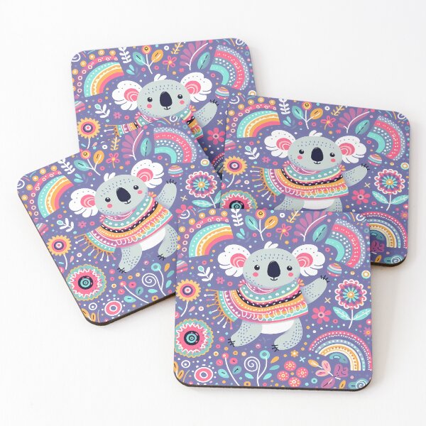 Item preview, Cute Koala Waving Hello with a Colourful Folk Art Shawl - Scandinavian Folk Art by heidiannemorris © designed and sold by FOLK ART FUSION by heidiannemorris.