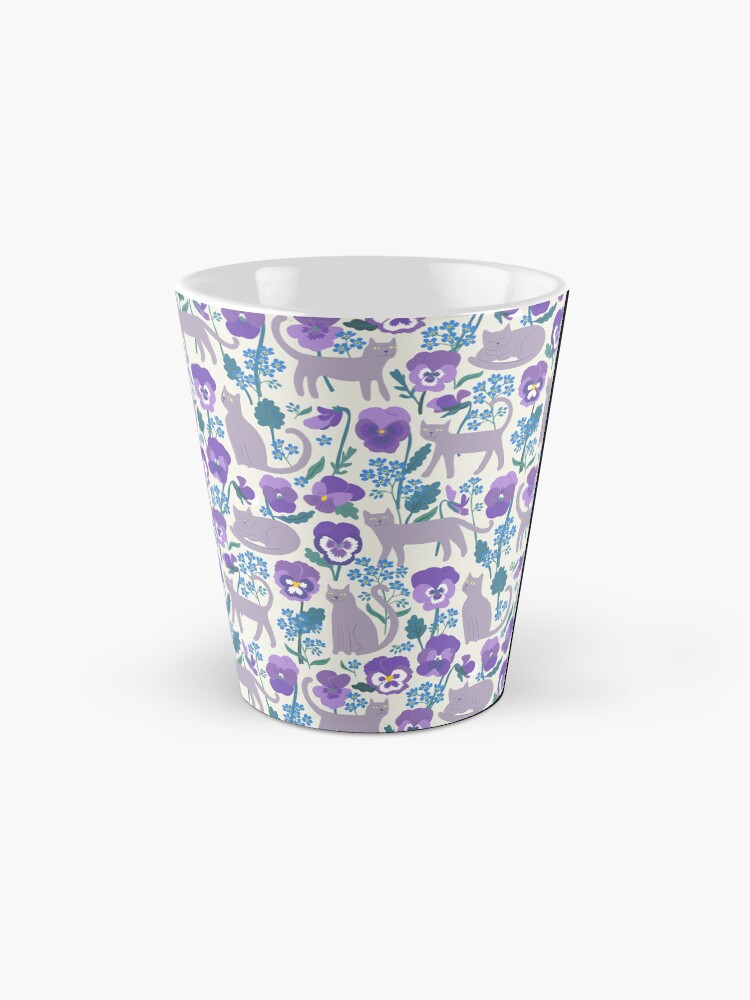 Thumbnail 2 of 4, Coffee Mug, Pansies, cats and forget-me-nots - cute cat pattern on white by Cecca Designs designed and sold by Cecca-Designs.