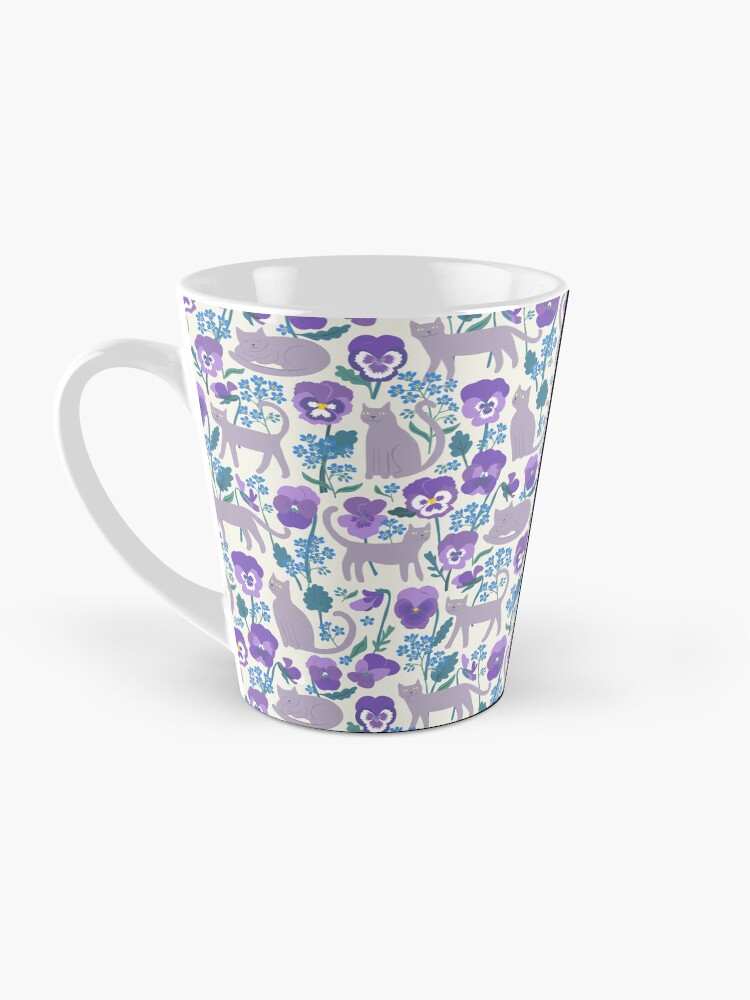 Thumbnail 3 of 4, Coffee Mug, Pansies, cats and forget-me-nots - cute cat pattern on white by Cecca Designs designed and sold by Cecca-Designs.