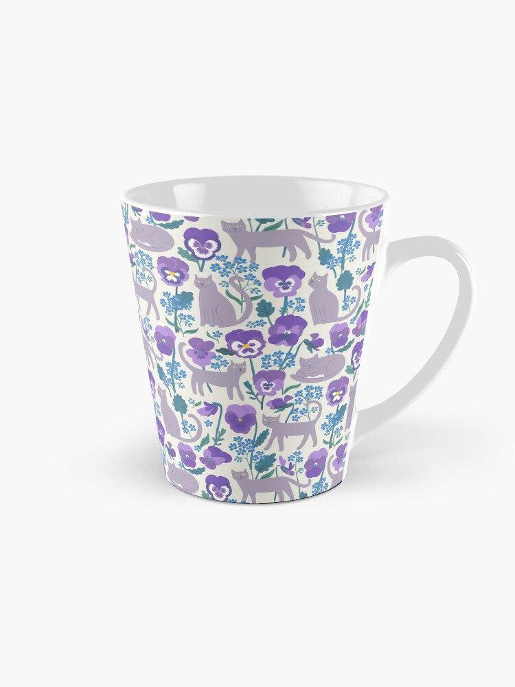 Thumbnail 1 of 4, Coffee Mug, Pansies, cats and forget-me-nots - cute cat pattern on white by Cecca Designs designed and sold by Cecca-Designs.