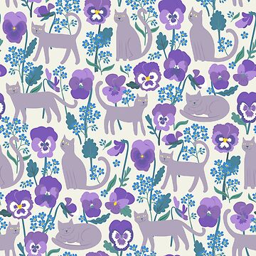 Artwork thumbnail, Pansies, cats and forget-me-nots - cute cat pattern on white by Cecca Designs by Cecca-Designs