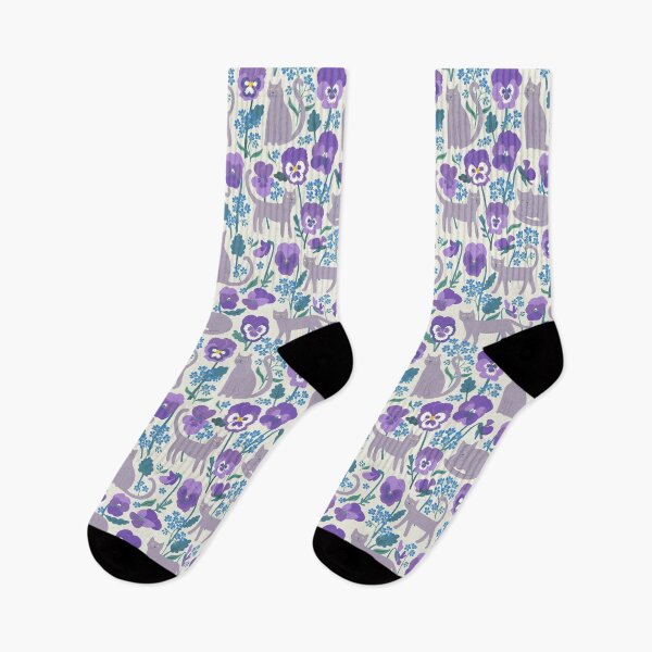Item preview, Pansies, cats and forget-me-nots - cute cat pattern on white by Cecca Designs designed and sold by Cecca-Designs.