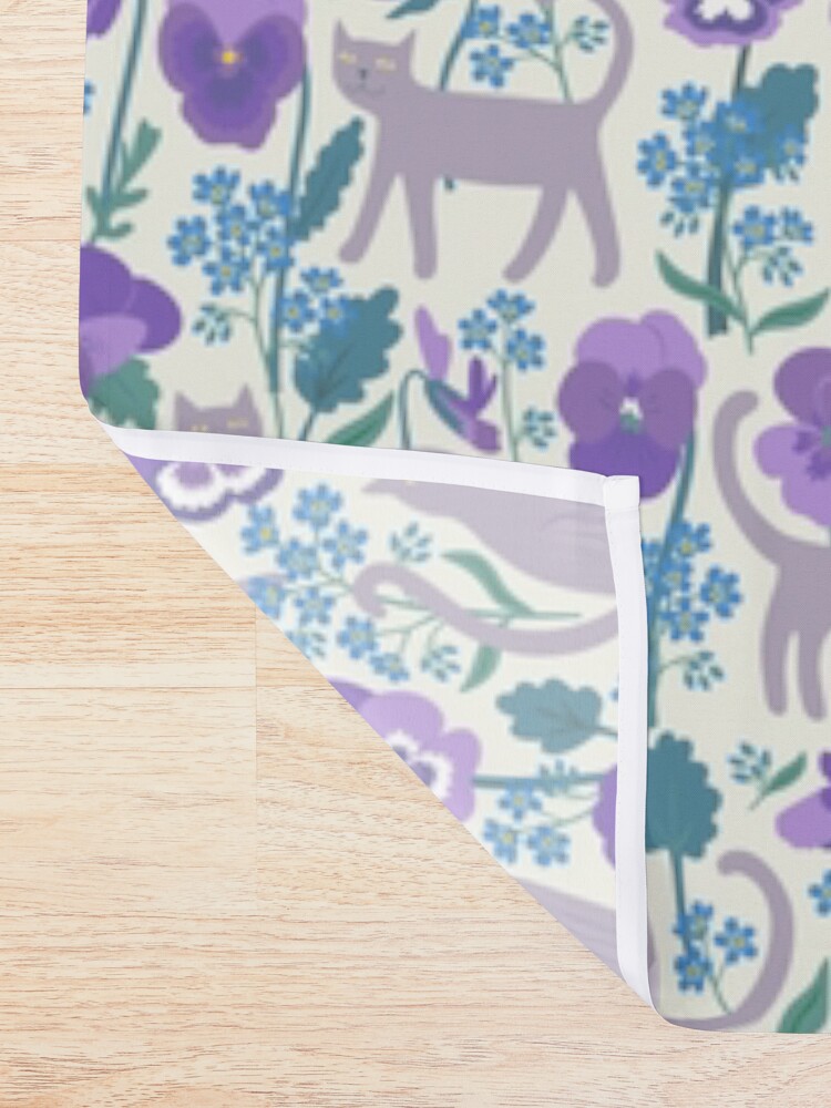 Thumbnail 2 of 5, Shower Curtain, Pansies, cats and forget-me-nots - cute cat pattern on white by Cecca Designs designed and sold by Cecca-Designs.